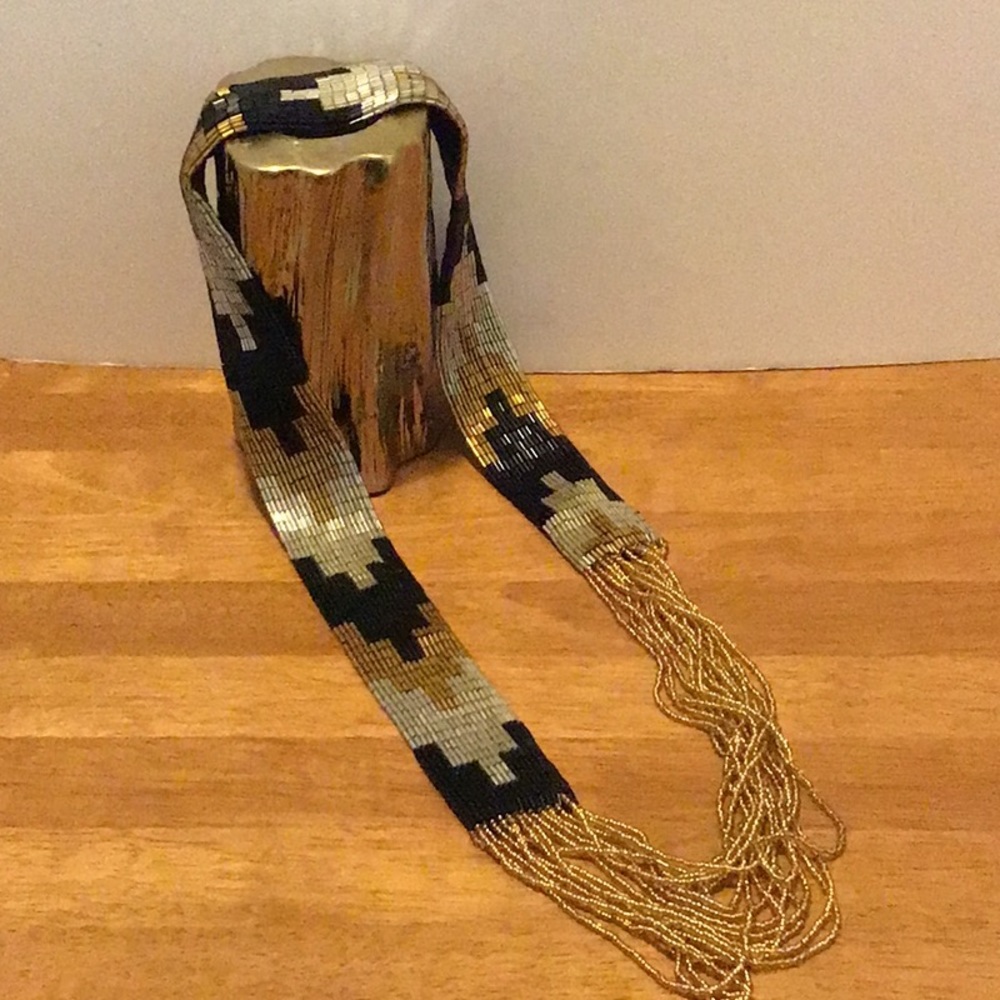 Beautiful gold, black and silver beaded “scarf” necklace.